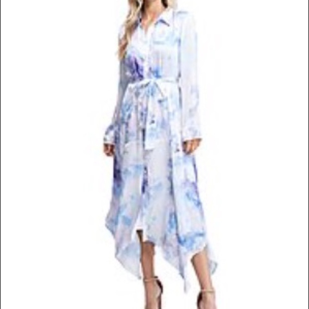 En Saison Long Sleeve Blue & White Watercolor Shirt Dress